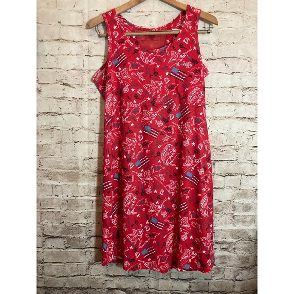 Columbia PFG Dress Womens Large Red Patriotic Fishing Print American Flag - Picture 1 of 13